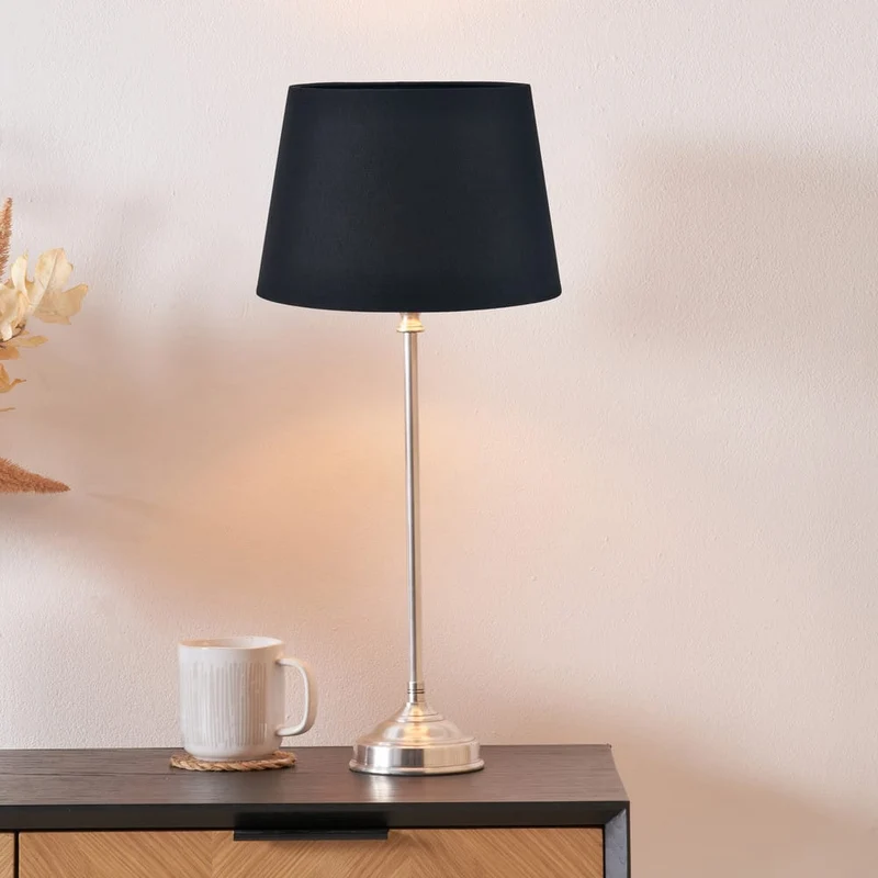 Auden Silver Metal Stick Table Lamp Base with Adelaide 25cm Black Tapered Cotton Mix Lampshade