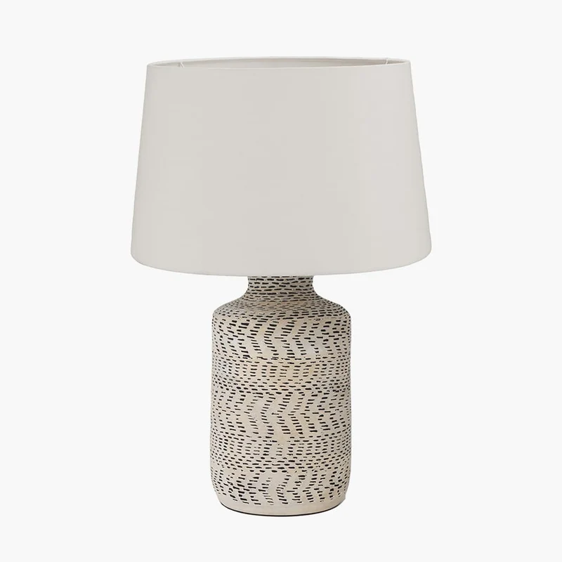 Atouk Textured Natural and Black Stoneware Table Lamp Base with Winston 35cm White Handloom Tapered Lampshade