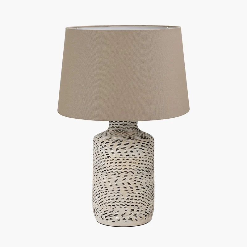 Atouk Textured Natural and Black Stoneware Table Lamp Base with Winston 35cm Taupe Handloom Tapered Lampshade