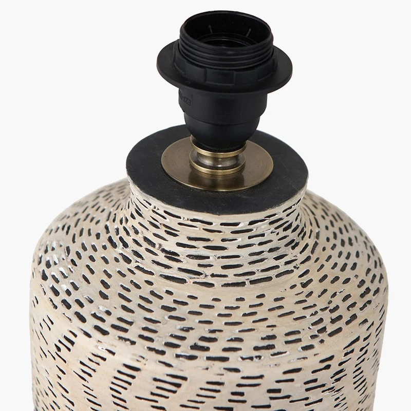 Atouk Textured Natural and Black Stoneware Table Lamp Base with Winston 35cm Taupe Handloom Tapered Lampshade