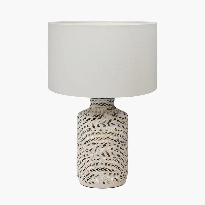 Atouk Textured Natural and Black Stoneware Table Lamp Base with Henry 35cm White Handloom Cylinder Lampshade