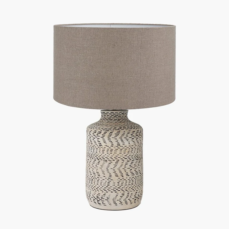 Atouk Textured Natural and Black Stoneware Table Lamp Base with Edward 35cm Natural Linen Cylinder Lampshade