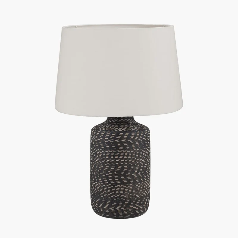 Atouk Textured Black Stoneware Table Lamp Base with Winston 35cm White Handloom Tapered Lampshade