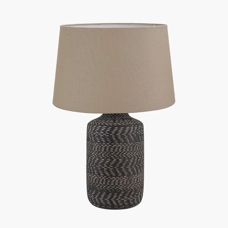 Atouk Textured Black Stoneware Table Lamp Base with Winston 35cm Taupe Handloom Tapered Lampshade