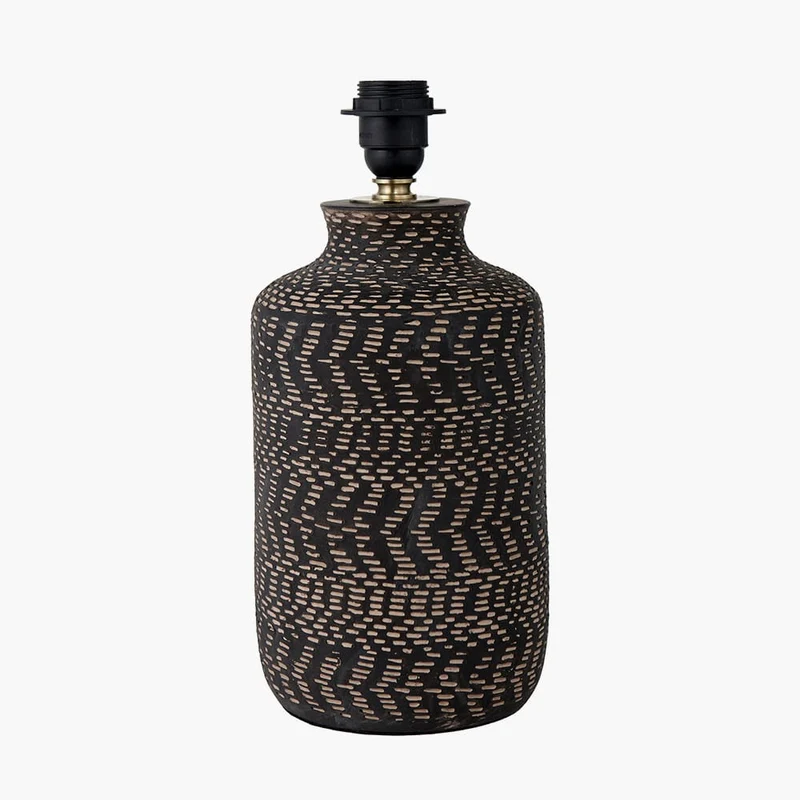 Atouk Textured Black Stoneware Table Lamp Base with Winston 35cm Taupe Handloom Tapered Lampshade