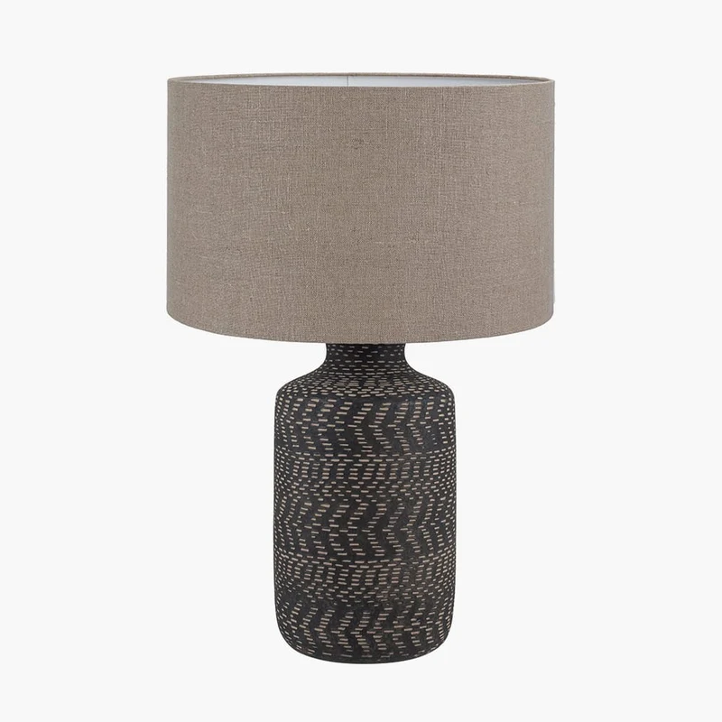Atouk Textured Black Stoneware Table Lamp Base with Edward 35cm Natural Linen Cylinder Lampshade