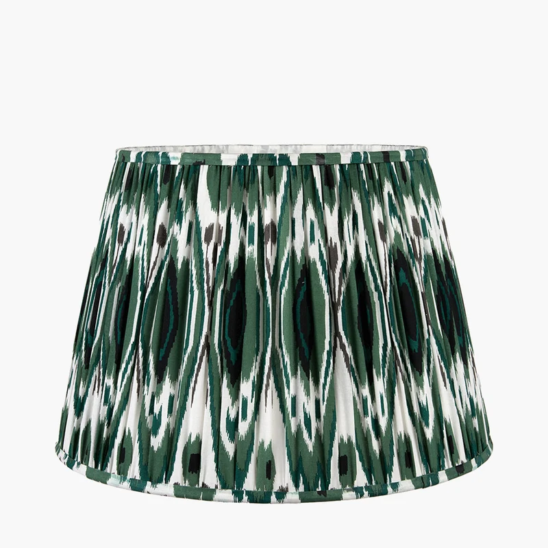 Corella Black Mango Wood Curved Table Lamp Base with Izara 40cm Racing Green Ikat Patterned Mushroom Pleat Tapered Lampshade