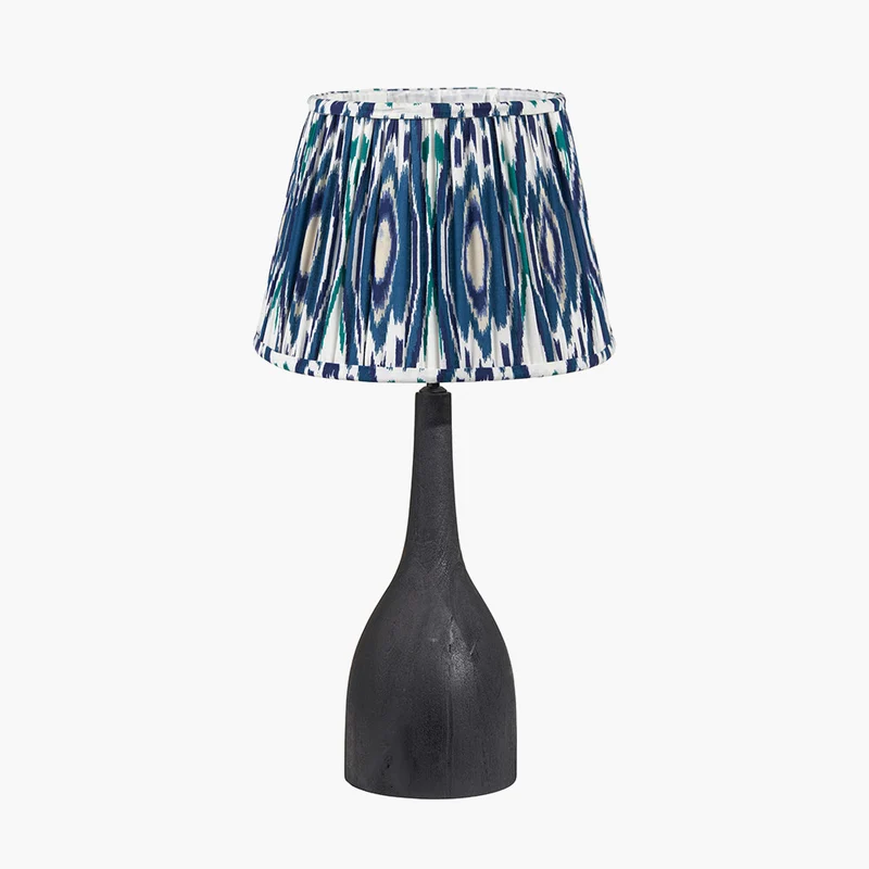 Corella Black Mango Wood Curved Table Lamp Base with Izara 40cm Ocean Blue Ikat Patterned Mushroom Pleat Tapered Lampshade