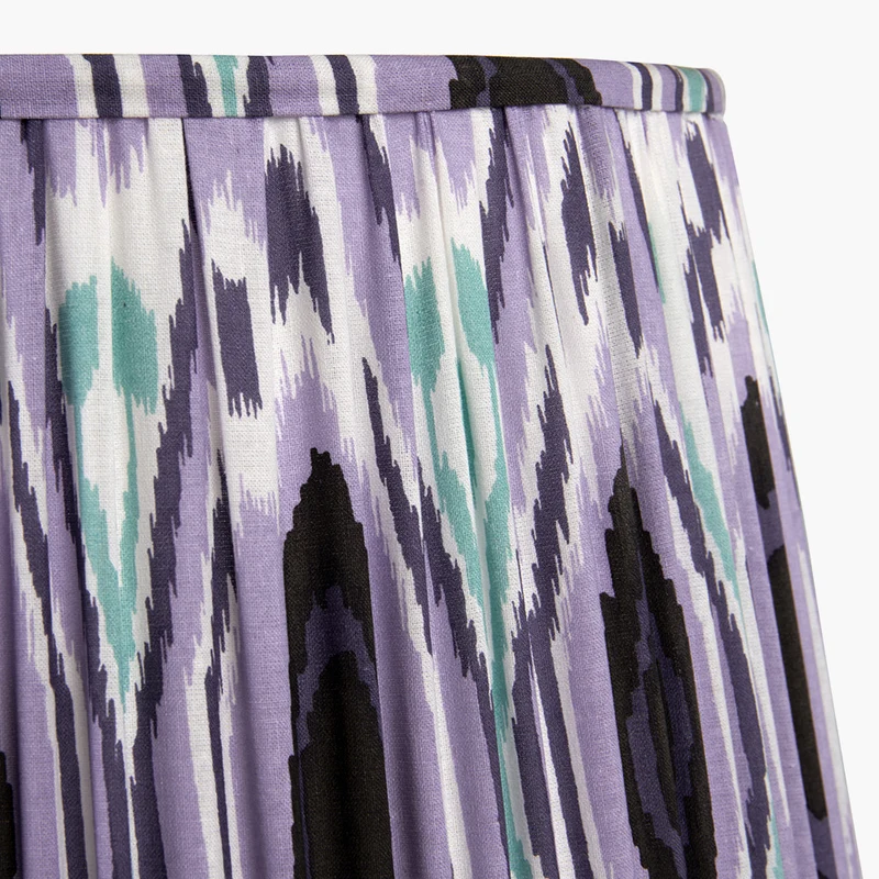 Corella Black Mango Wood Curved Table Lamp Base with Izara 40cm Lilac Ikat Patterned Mushroom Pleat Tapered Lampshade