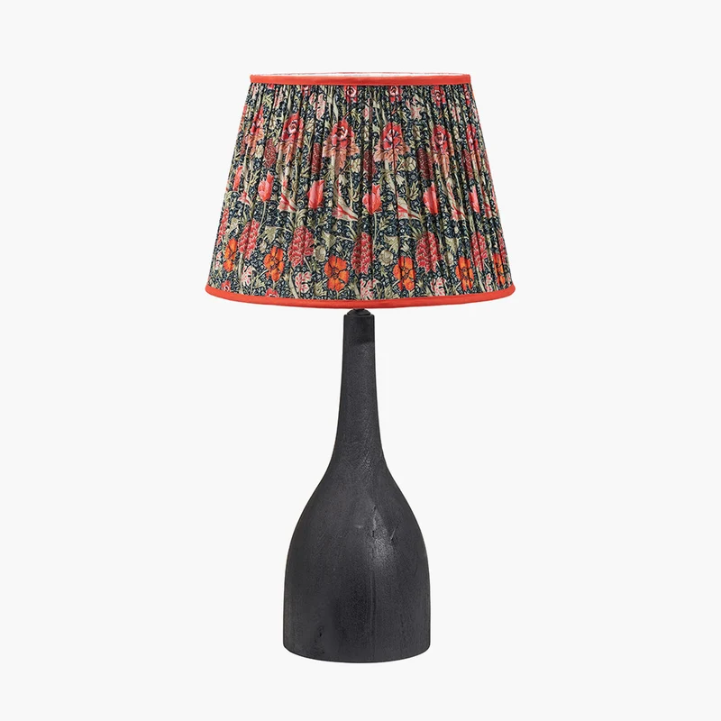 Corella Black Mango Wood Curved Table Lamp Base with Floressa 40cm Red Floral Patterned Mushroom Pleat Tapered Lamp Shade