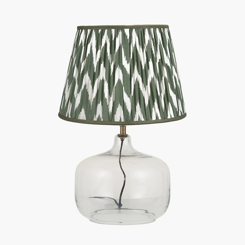 Corby Clear Glass Table Lamp Base with Kamilah 40cm Sage Chevron Pattered Mushroom Pleat Tapered Lampshade