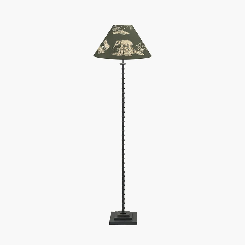 Everett Ribbed Metal Stick Floor Lamp Base with Nala 45cm Green Safari Printed Empire Lampshade