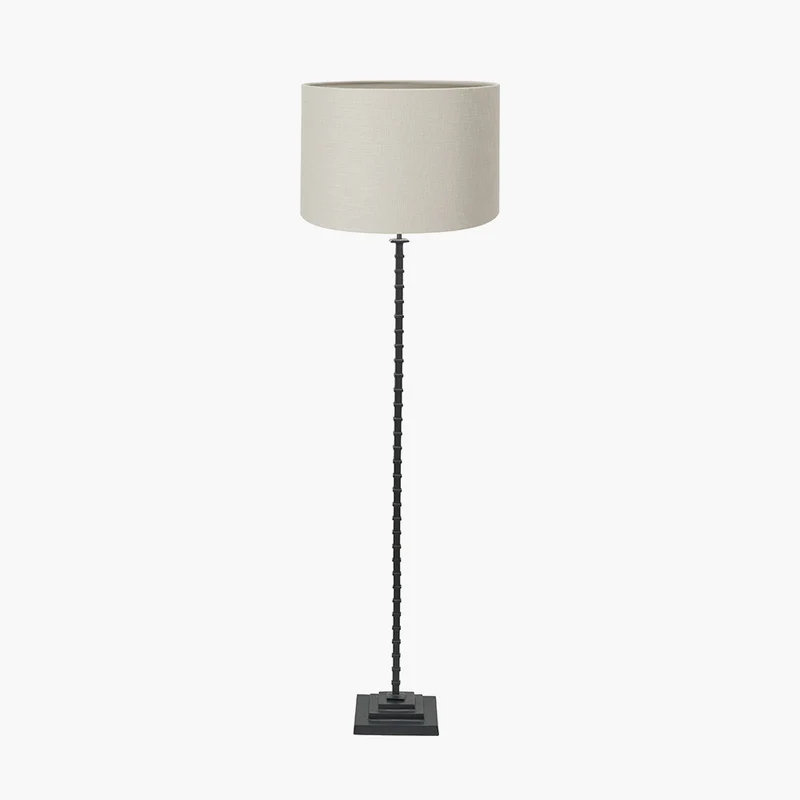 Everett Ribbed Metal Stick Floor Lamp Base with Lino 40cm Grey Self Lined Linen Cylinder Lampshade