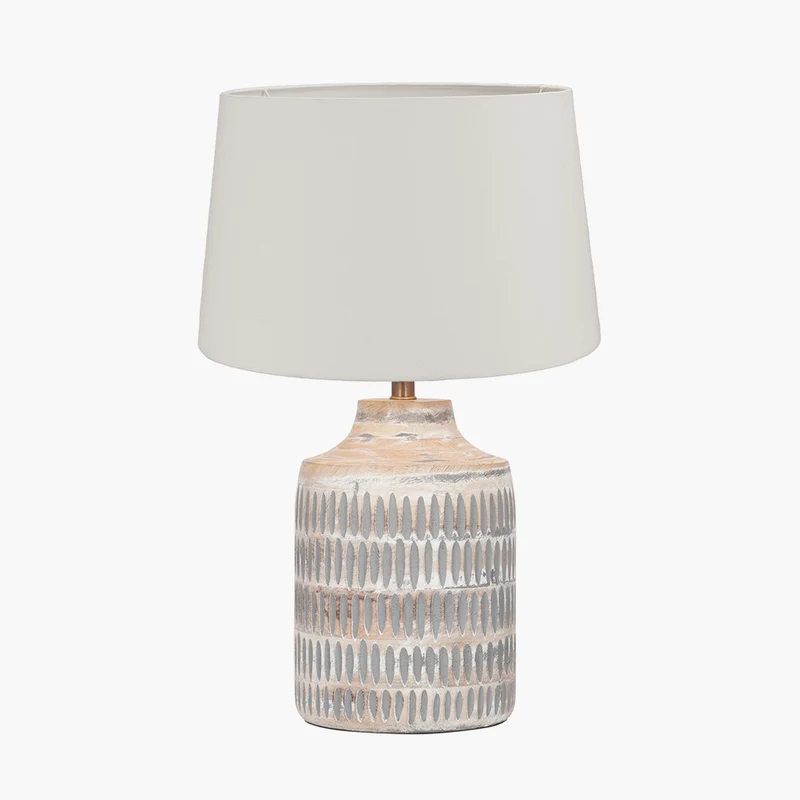 Galle Grey Wash Wood Textured Table Lamp Base with Winston 35cm White Handloom Tapered Lampshade