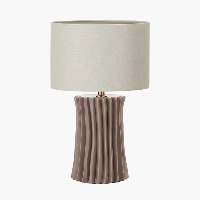Devony Taupe Pleated Ceramic Table Lamp Base with Lino 35cm Grey Self Lined Linen Cylinder Lampshade