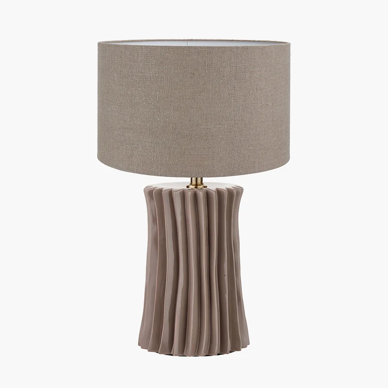 Devony Taupe Pleated Ceramic Table Lamp Base with Edward 35cm Natural Linen Cylinder Lampshade