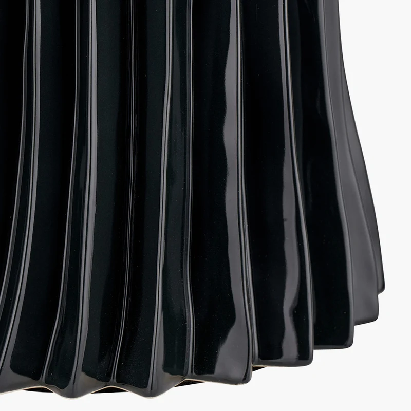 Devony Black Pleated Ceramic Table Lamp Base with Rouen 35cm White Boucle Cylinder Lampshade