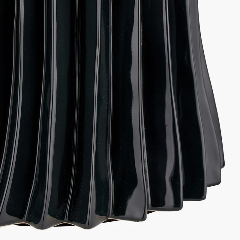 Devony Black Pleated Ceramic Table Lamp Base with Rouen 35cm Taupe Boucle Cylinder Lampshade