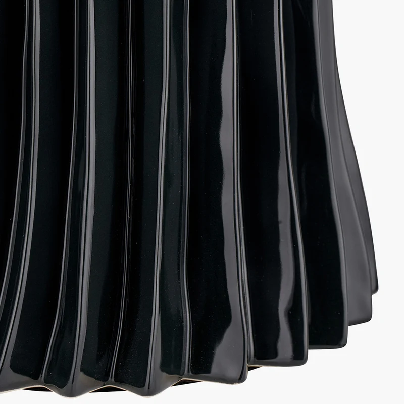 Devony Black Pleated Ceramic Table Lamp Base with Lino 35cm Cinnamon Self Lined Linen Cylinder Lampshade