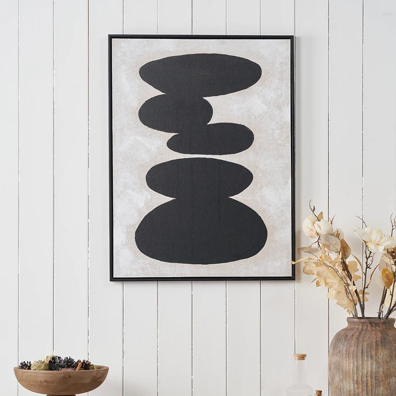 Black and Natural Stone Design Canvas Wall Art with Black Frame
