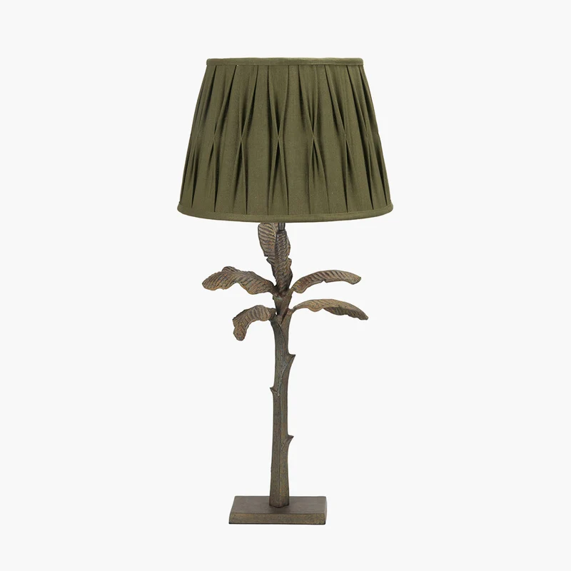 Bali Verdi Gris Metal Palm Tree Table Lamp Base with Odette 35cm Olive Green Cotton Slub Pinch Pleat Tapered Lampshade