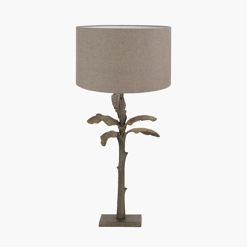 Bali Verdi Gris Metal Palm Tree Table Lamp Base with Edward 40cm Natural Linen Cylinder Lampshade