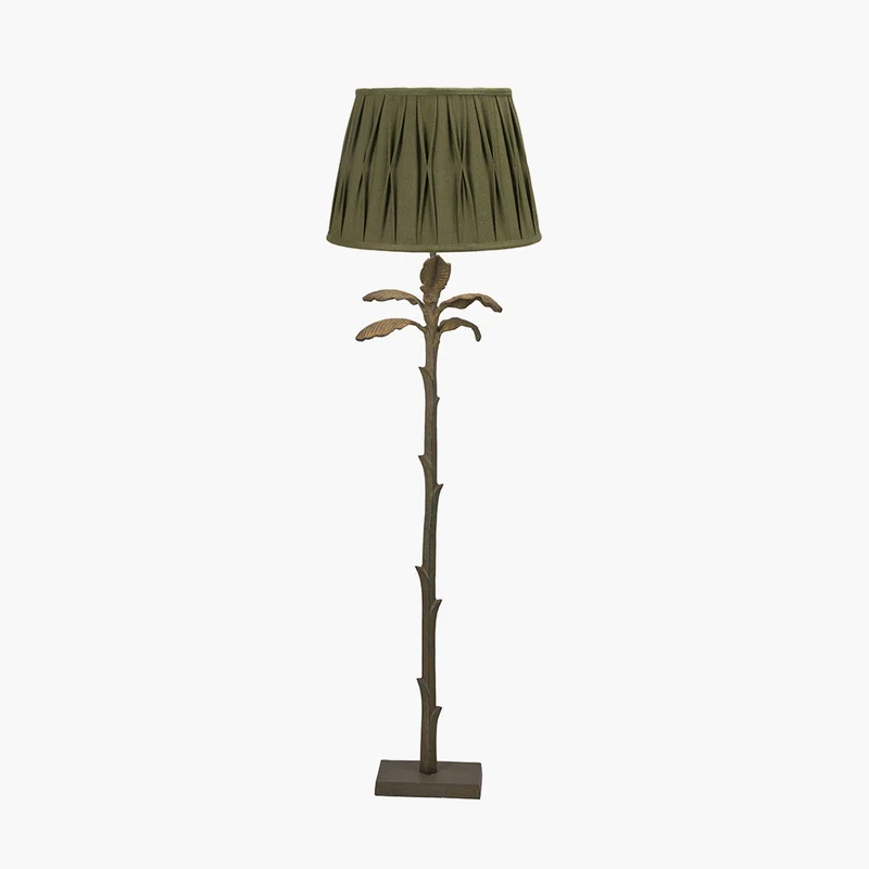 Bali Verdi Gris Metal Palm Tree Floor Lamp Base with Odette 40cm Olive Green Cotton Slub Pinch Pleat Tapered Lampshade