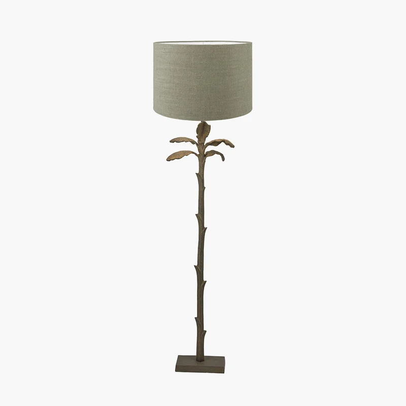 Bali Verdi Gris Metal Palm Tree Floor Lamp Base with Edward 50cm Pistachio Green Linen Cylinder Lampshade