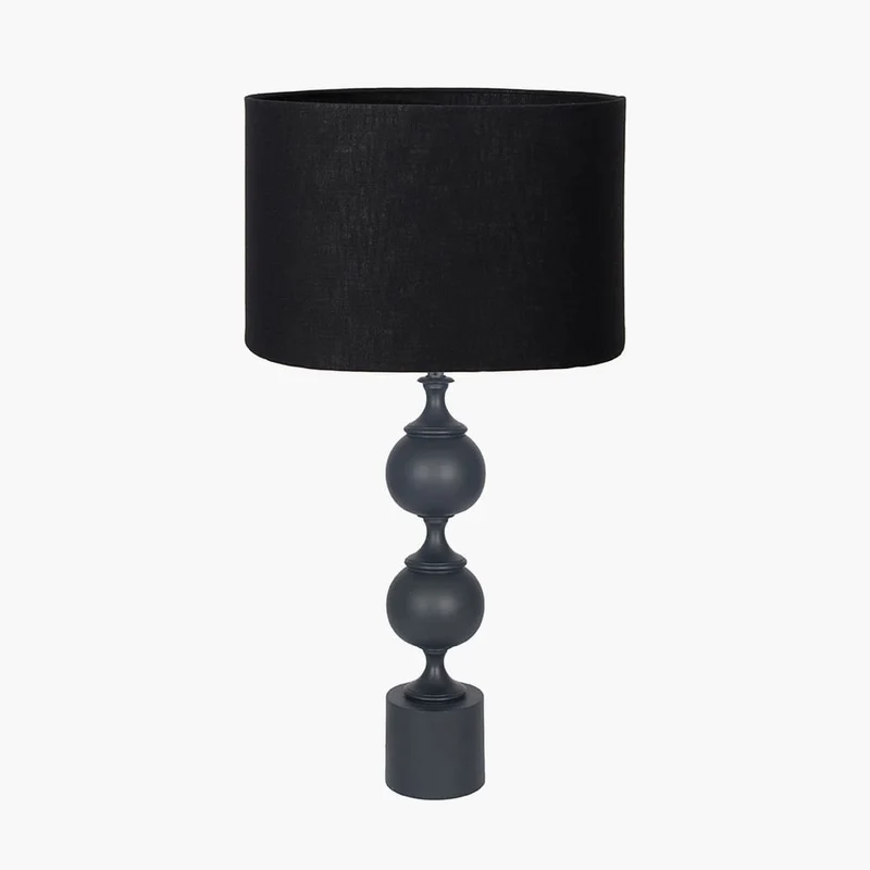 Asilah Matt Black Aluminium Tall Footed Table Lamp Base with Lino 40cm Black Self Lined Linen Cylinder Lampshade