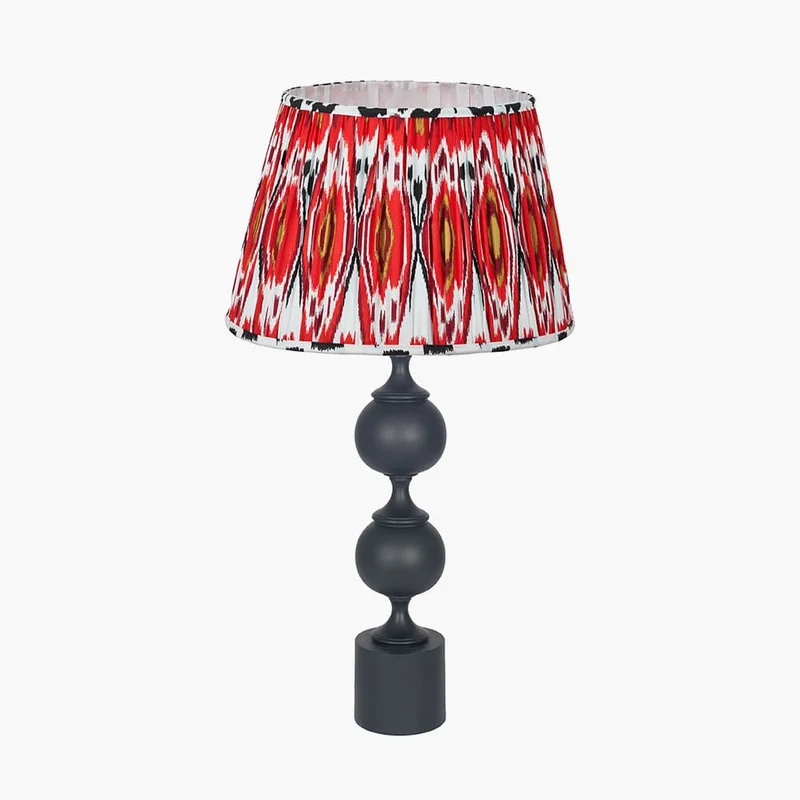 Asilah Matt Black Aluminium Tall Footed Table Lamp Base with Izara 40cm Red Ikat Patterned Mushroom Pleat Tapered Lampshade