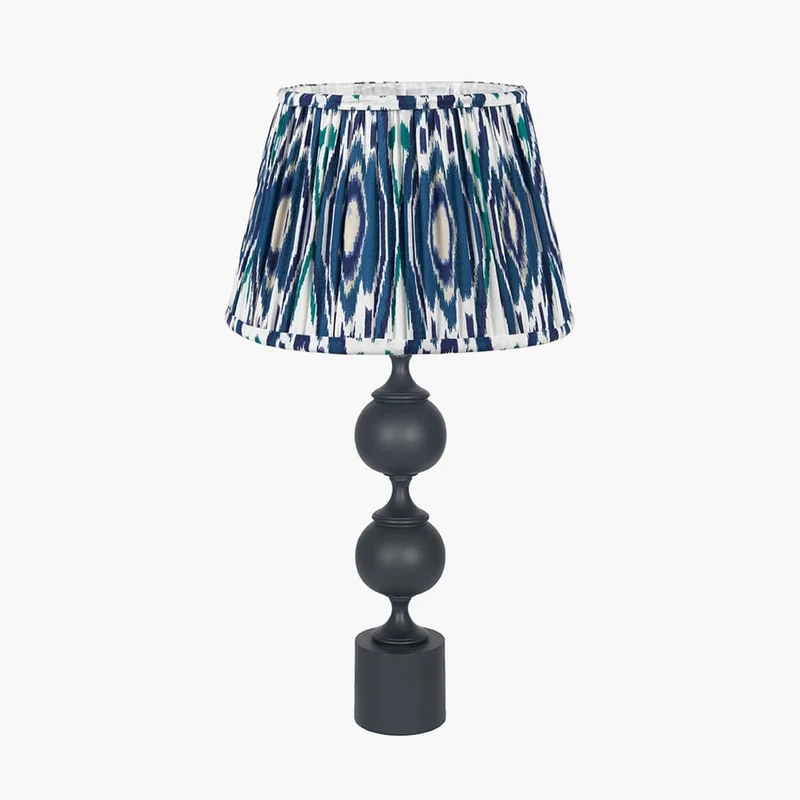 Asilah Matt Black Aluminium Tall Footed Table Lamp Base with Izara 40cm Ocean Blue Ikat Patterned Mushroom Pleat Tapered Lampshade