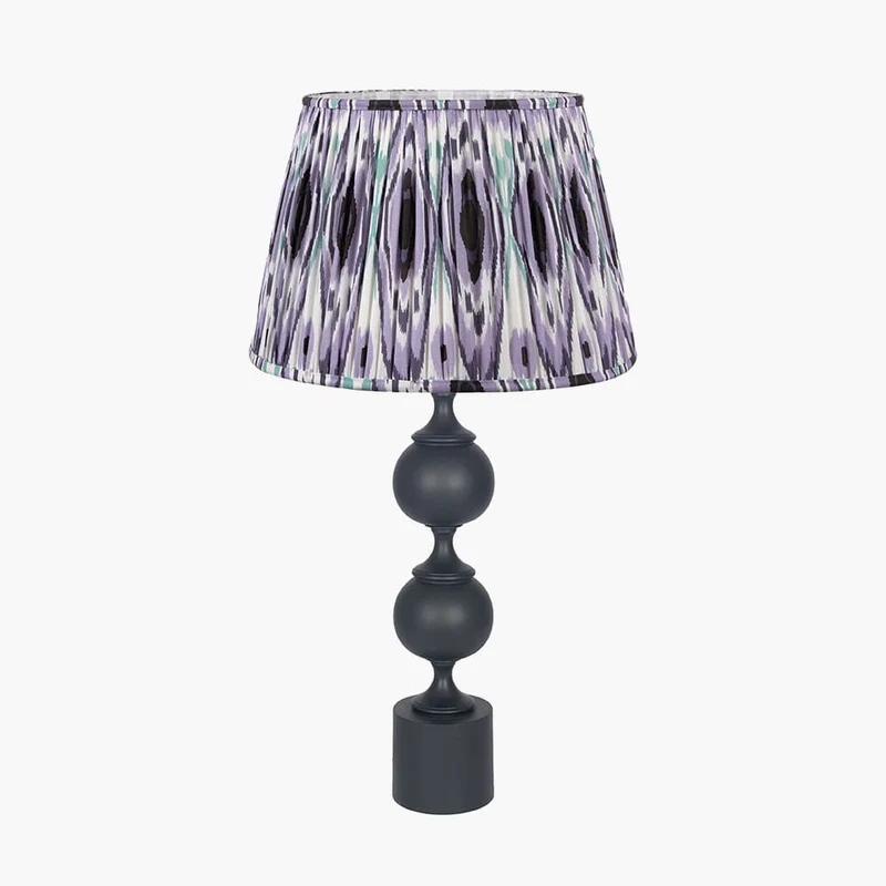 Asilah Matt Black Aluminium Tall Footed Table Lamp Base with Izara 40cm Lilac Ikat Patterned Mushroom Pleat Tapered Lampshade