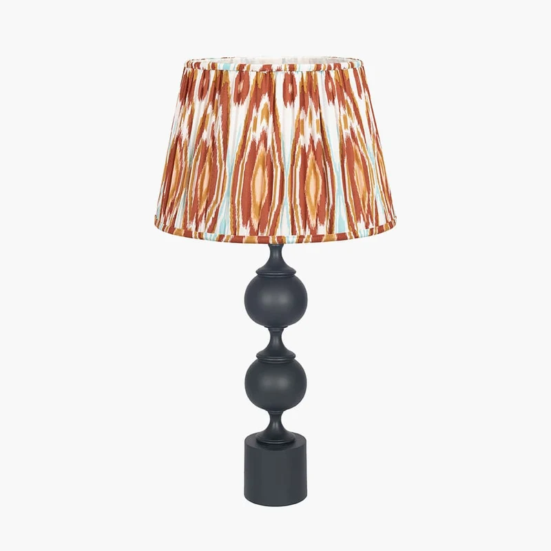 Asilah Matt Black Aluminium Tall Footed Table Lamp Base with Izara 40cm Cinnamon Ikat Patterned Mushroom Pleat Tapered Lampshade