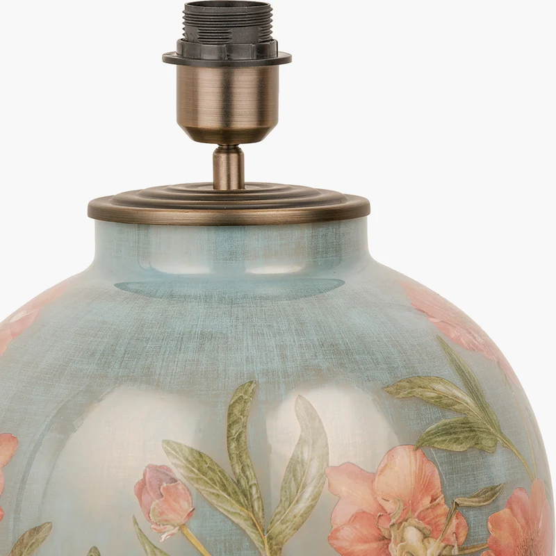 Coral Peony Large Glass Table Lamp Base with Lino 40cm Cream Self Lined Linen Cylinder Lampshade