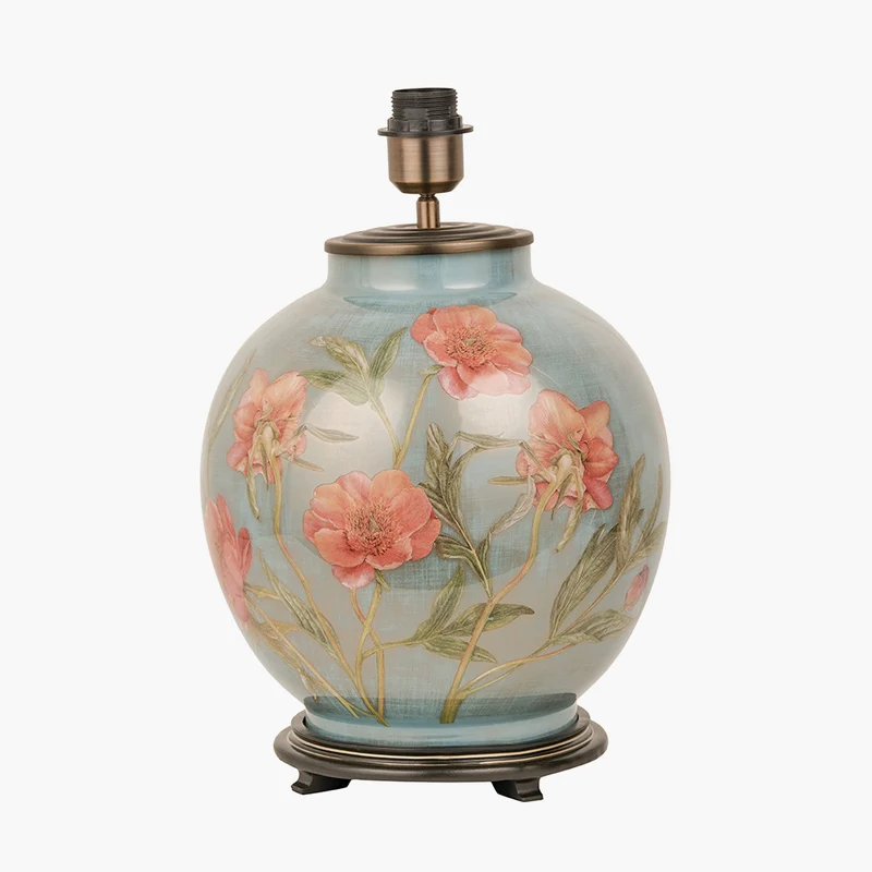 Coral Peony Large Glass Table Lamp Base with Edward 40cm Natural Linen Cylinder Lampshade