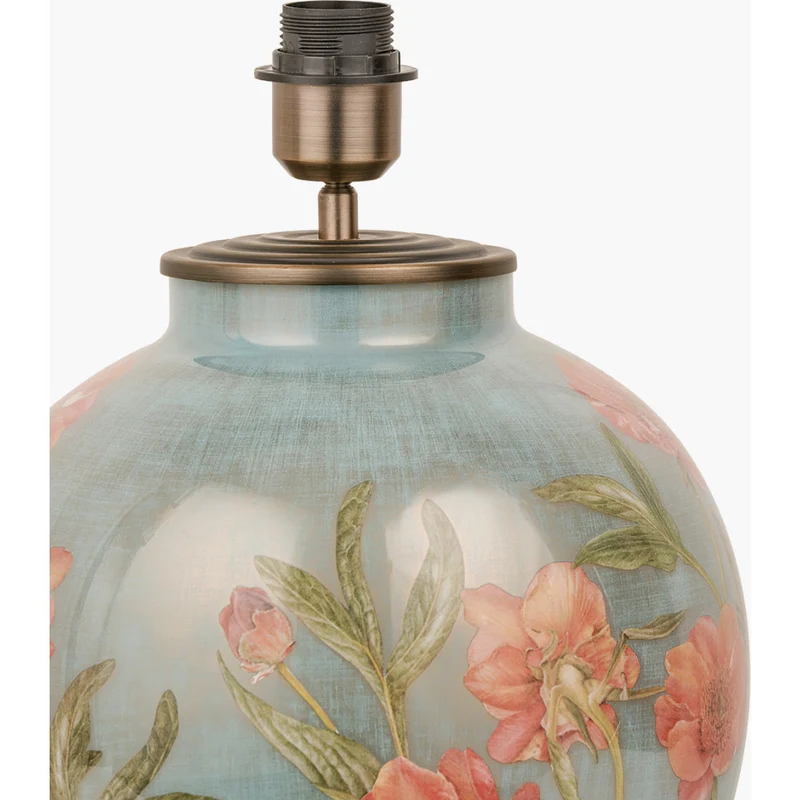 Coral Peony Large Glass Table Lamp Base with Edward 40cm Natural Linen Cylinder Lampshade