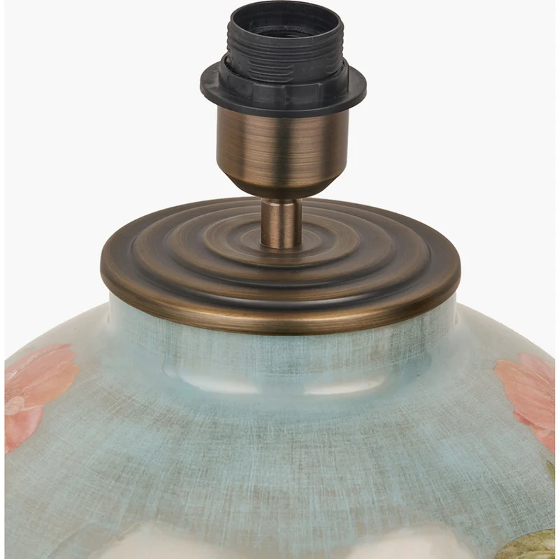 Coral Peony Large Glass Table Lamp Base with Edward 40cm Natural Linen Cylinder Lampshade