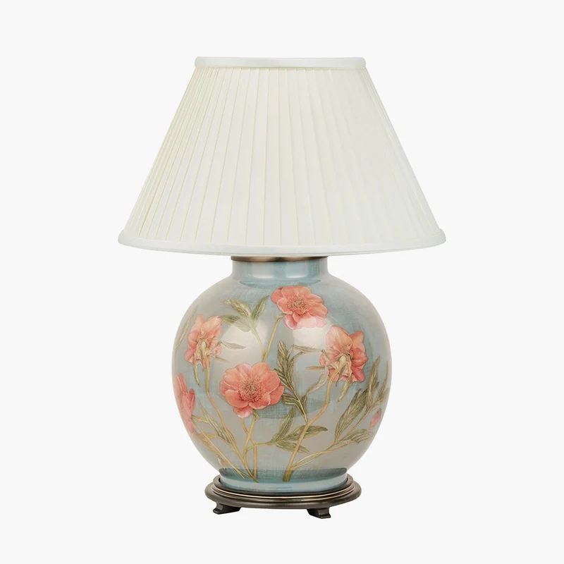 Coral Peony Large Glass Table Lamp Base with Bacall 45cm Almond Silk Knife Pleat Empire Lampshade
