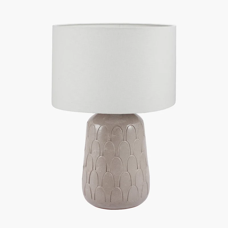 Coco Grey Gloss Arch Design Stoneware Table Lamp Base with Lino 35cm White Self Lined Linen Cylinder Lampshade
