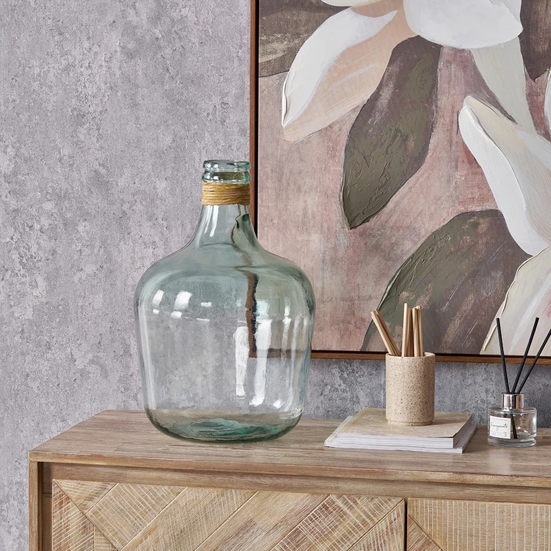 Clear Recycled Medium Bottle Vase With A Raffia Wrapped Neck