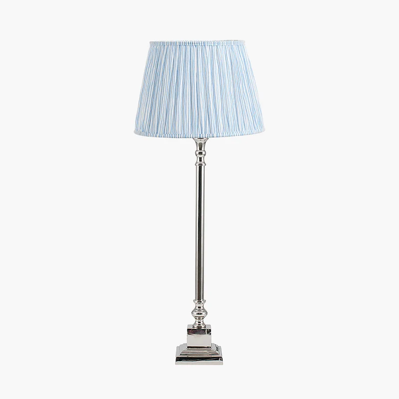 Claudius Nickel Metal Stick Table Lamp Base with Thiago 30cm Ocean Blue Stripe Mushroom Pleat Tapered Lampshade