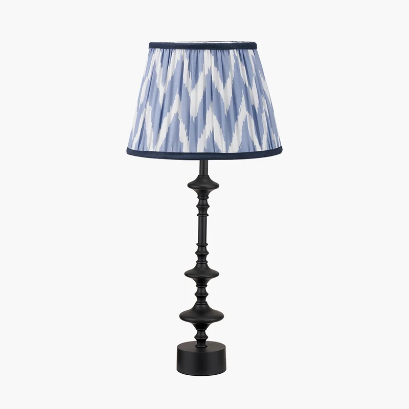 Emilio Matt Black Candlestick Table Lamp Base with Kamilah 40cm Blue Chevron Patterned Mushroom Pleat Tapered Lamp Shade