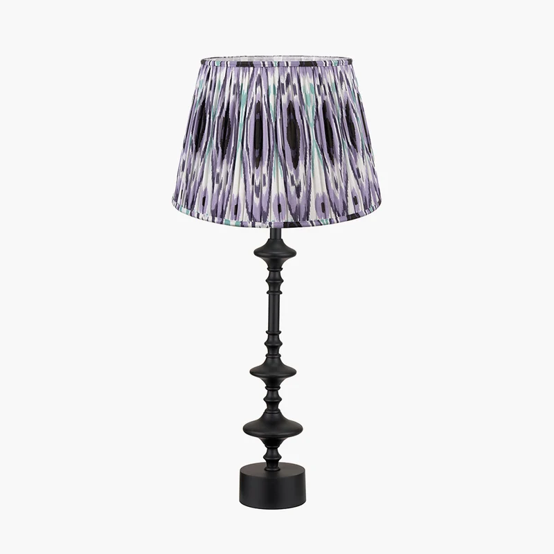 Emilio Matt Black Candlestick Table Lamp Base with Izara 35cm Lilac Ikat Patterned Mushroom Pleat Tapered Lampshade