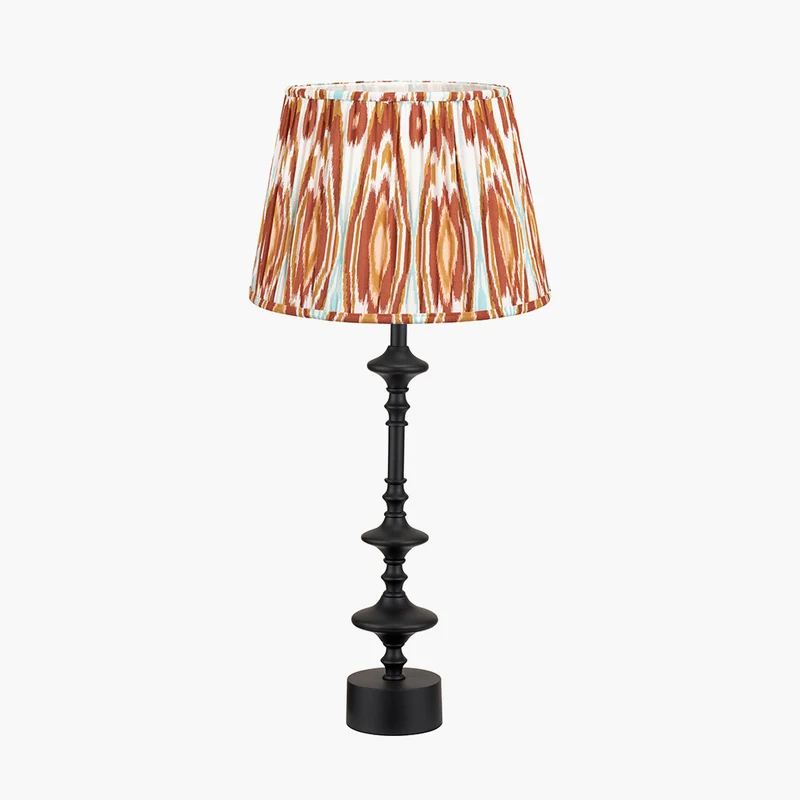 Emilio Matt Black Candlestick Table Lamp Base with Izara 35cm Cinnamon Ikat Patterned Mushroom Pleat Tapered Lampshade