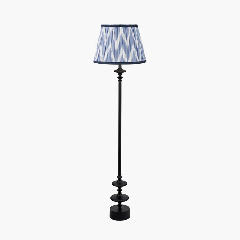 Emilio Matt Black Candlestick Floor Lamp Base with Kamilah 45cm Blue Chevron Patterned Mushroom Pleat Tapered Lamp Shade