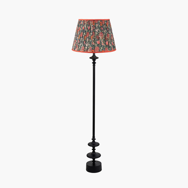 Emilio Matt Black Candlestick Floor Lamp Base with Floressa 45cm Red Floral Patterned Mushroom Pleat Tapered Lamp Shade
