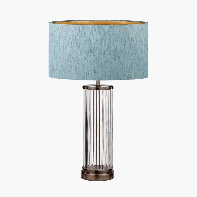 Ciara Clear Glass and Antique Bronze Metal Table Lamp Base with Stellan 35cm Duck Egg Slubbed Silk Mix Gold Lined Cylinder Lampshade