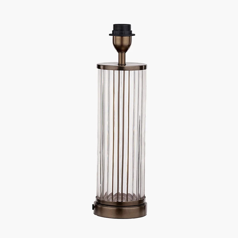 Ciara Clear Glass and Antique Bronze Metal Table Lamp Base with Stellan 35cm Duck Egg Slubbed Silk Mix Gold Lined Cylinder Lampshade