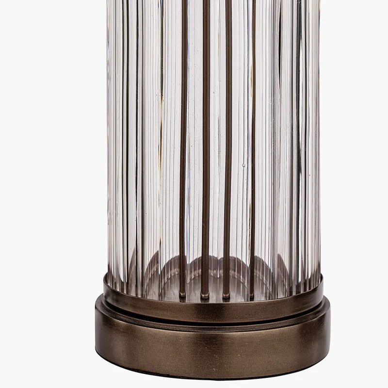 Ciara Clear Glass and Antique Bronze Metal Table Lamp Base with Stellan 35cm Duck Egg Slubbed Silk Mix Gold Lined Cylinder Lampshade