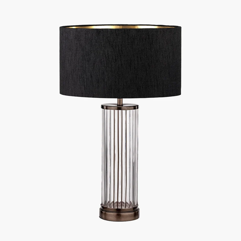 Ciara Clear Glass and Antique Bronze Metal Table Lamp Base with Stellan 35cm Black Slubbed Silk Mix Gold Lined Cylinder Lampshade
